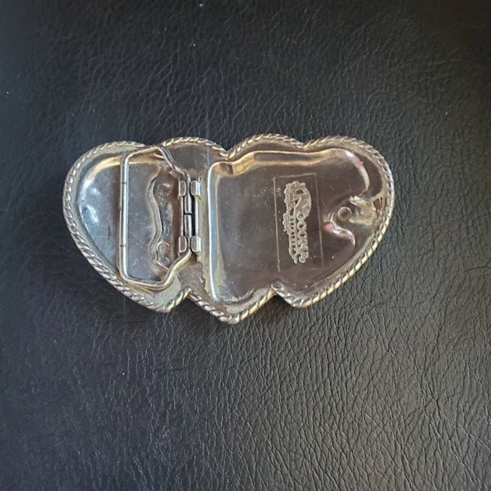 Nocona Silver Tone Triple Heart Western Belt Buckle Rhinestone Engraved Floral - Picture 5 of 7